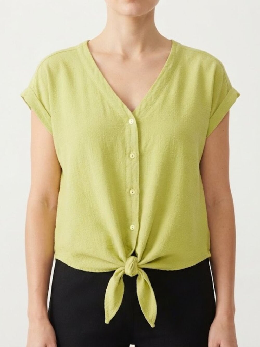 Lime Green Linen Blend Button Tie-Front Short Sleeve Top
